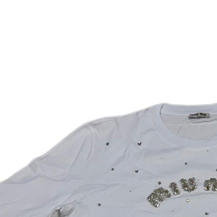 Details for (W) MIU MIU Camiseta Blanca de Manga Larga con Logo y Detalle de Cristales. MJL835-10OS-F0009