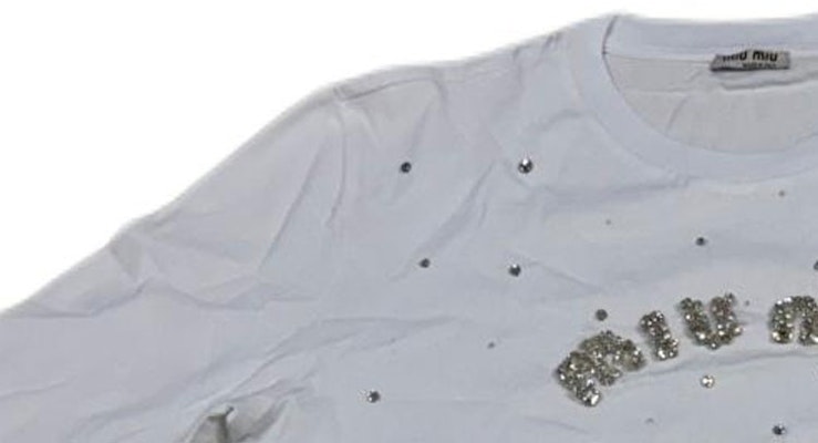 (W) MIU MIU Camiseta Blanca de Manga Larga con Logo y Detalle de Cristales. MJL835-10OS-F0009 Details for (W) MIU MIU Camiseta Blanca de Manga Larga con Logo y Detalle de Cristales. MJL835-10OS-F0009