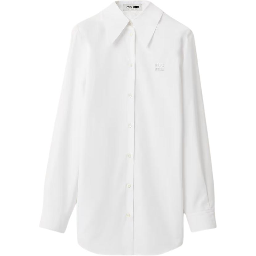 Order (W) MIU MIU Kemeja Putih Lengan Panjang dengan Cetakan Huruf dan Kolar Tajam. MK1818-10RG-F0009-S-OOO