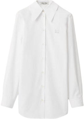 (W) MIU MIU Kemeja Putih Lengan Panjang dengan Cetakan Huruf dan Kolar Tajam. MK1818-10RG-F0009-S-OOO Order (W) MIU MIU Kemeja Putih Lengan Panjang dengan Cetakan Huruf dan Kolar Tajam. MK1818-10RG-F0009-S-OOO