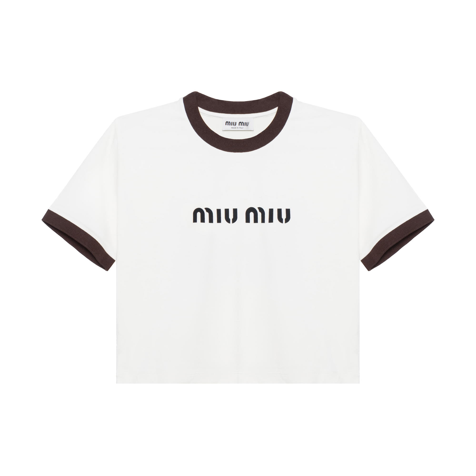 (Women) MIU MIU  White Loose Fit Cropped Letter Print Crew Neck T-Shirt. MJN427-133N-F0304