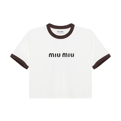 (Women) MIU MIU White Loose Fit Cropped Letter Print Crew Neck T-Shirt. MJN427-133N-F0304