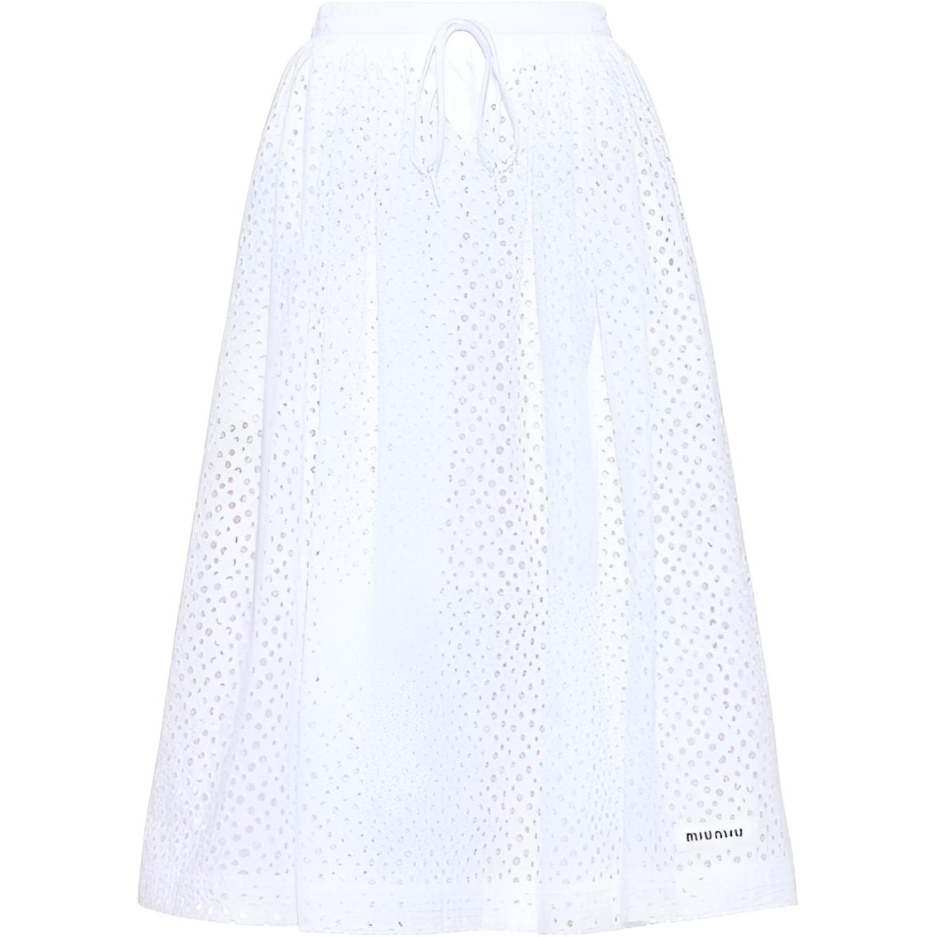 (Women) Miu Miu  White Mid-Length A-Line Skirt with Madeira Embroidery. MG1748-1EWL-F0009