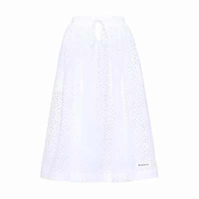 (Women) Miu Miu White Mid-Length A-Line Skirt with Madeira Embroidery. MG1748-1EWL-F0009