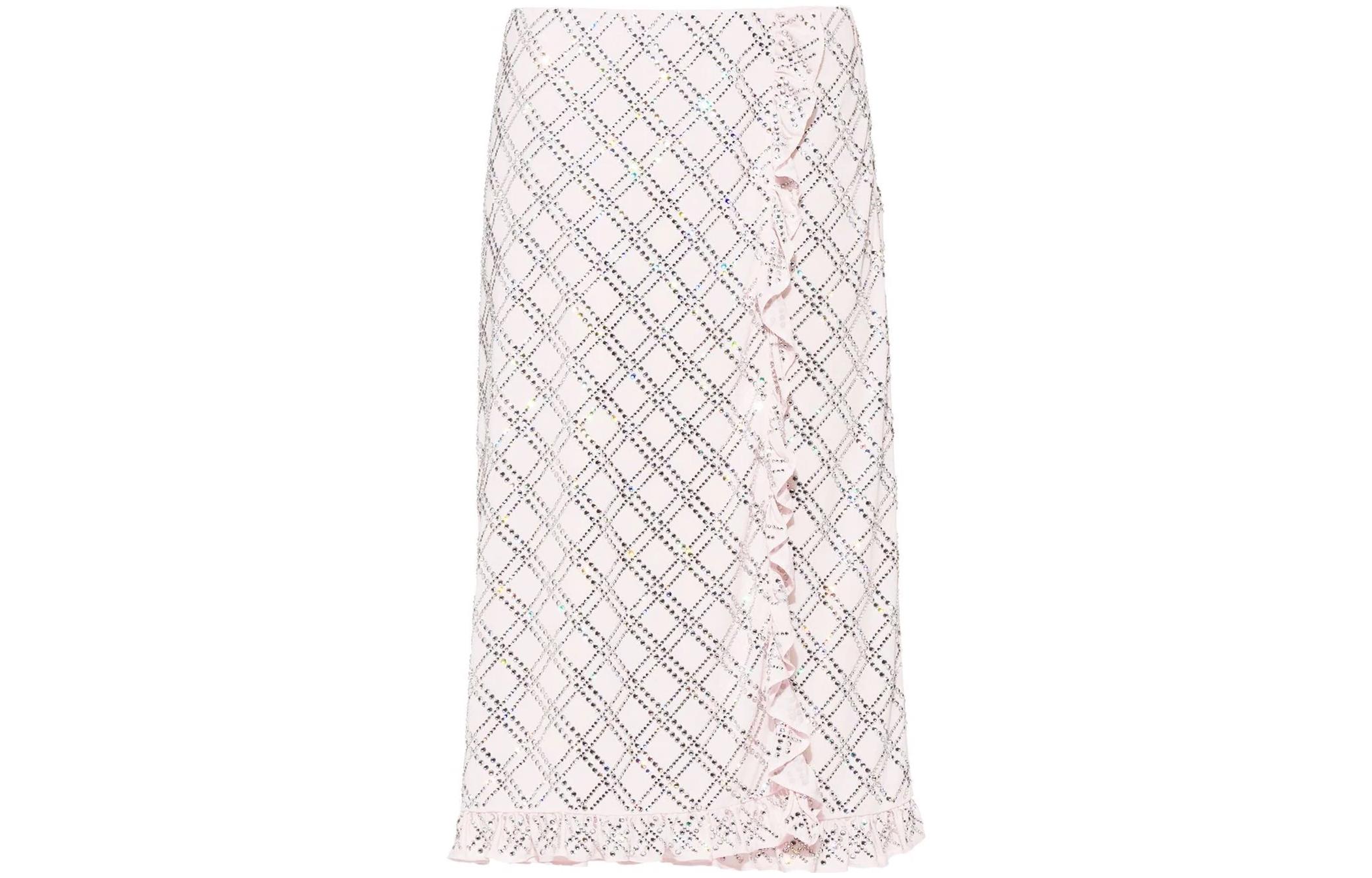 (Women) Miu Miu  White Plaid Studded High-Waisted Tulle Maxi Skirt. MG1710-1Z8E-F0384