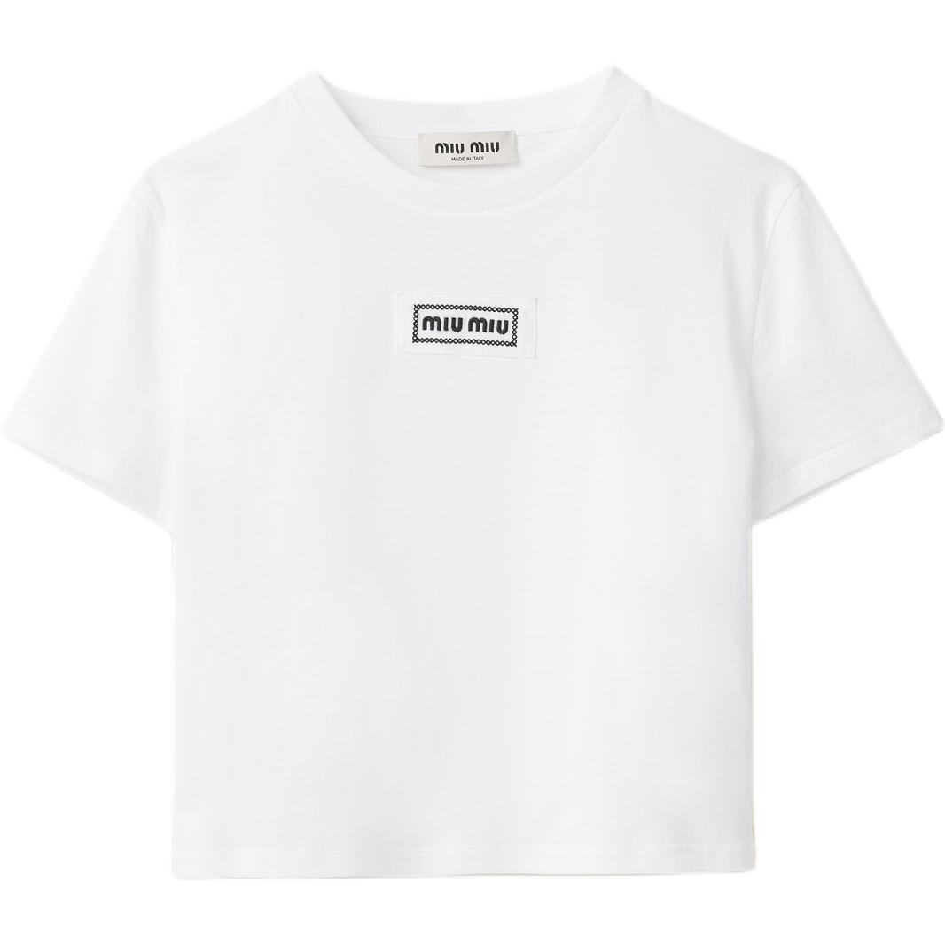 Order (W) MIU MIU Kemeja-T Lengan Pendek Logo Putih Pure Crewneck. MJN483-1YW0-F0009-S-232