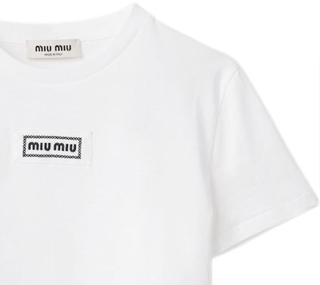 (W) MIU MIU Kemeja-T Lengan Pendek Logo Putih Pure Crewneck. MJN483-1YW0-F0009-S-232 Details for (W) MIU MIU Kemeja-T Lengan Pendek Logo Putih Pure Crewneck. MJN483-1YW0-F0009-S-232