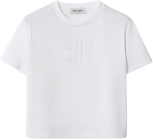 (Women) MIU MIU White Short-Sleeve Crop T-Shirt Round Neck Pullover MJN483-1YXT-F0009 (Women) MIU MIU White Short-Sleeve Crop T-Shirt Round Neck Pullover MJN483-1YXT-F0009