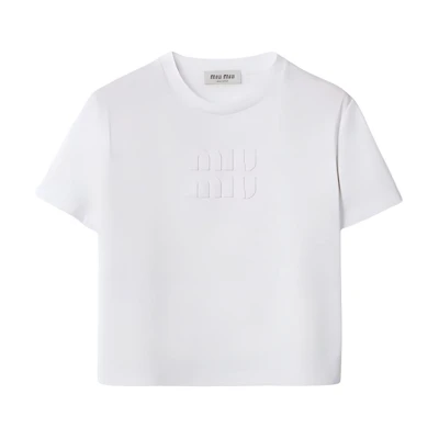(Women) MIU MIU White Short-Sleeve Crop T-Shirt Round Neck Pullover MJN483-1YXT-F0009