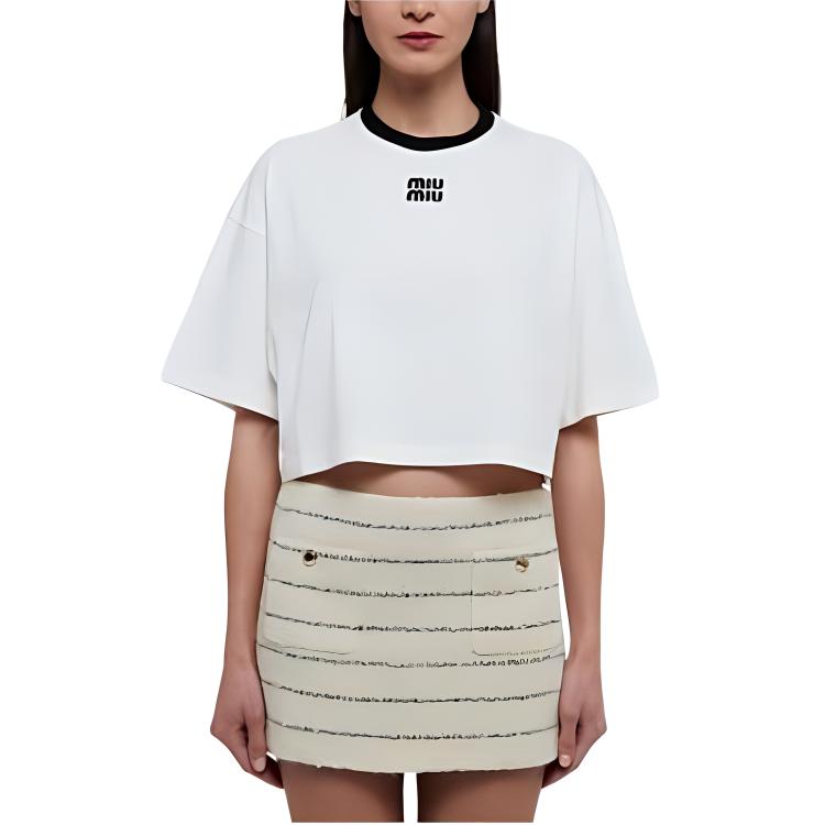 (Women) MIU MIU  White Short Sleeve Cropped T-Shirt with Letter Print Design. MJN523-14EL-F0009