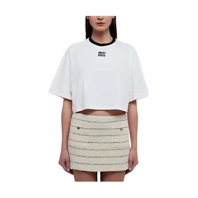 (Women) MIU MIU White Short Sleeve Cropped T-Shirt with Letter Print Design. MJN523-14EL-F0009