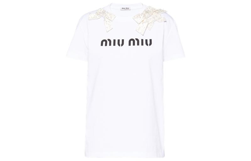 (Women) MIU MIU  White Short Sleeve Tee with Bow & Embroidered Logo. MJN292-1YMT-F072K