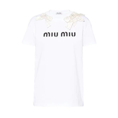(Women) MIU MIU White Short Sleeve Tee with Bow & Embroidered Logo. MJN292-1YMT-F072K