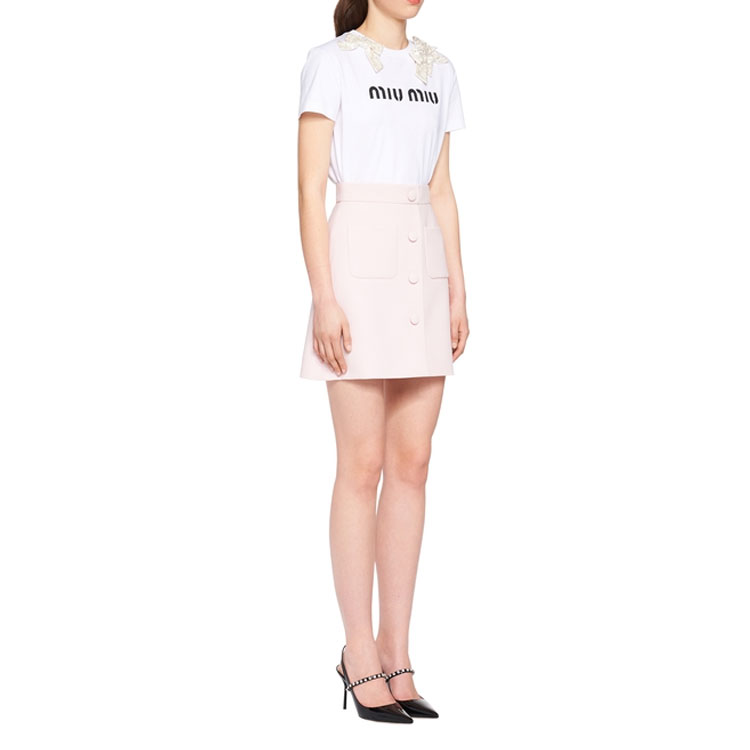 Purchase (W) MIU MIU 白色短袖蝴蝶結刺繡標誌T恤 MJN292-1YMT-F072K