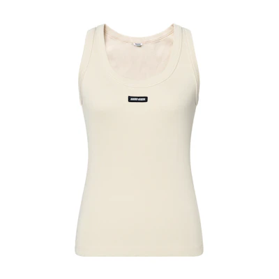 (Women) MIU MIU White Sleeveless Slim Fit Tank Top with Logo. MJT694-1464-F0018-S-OOO