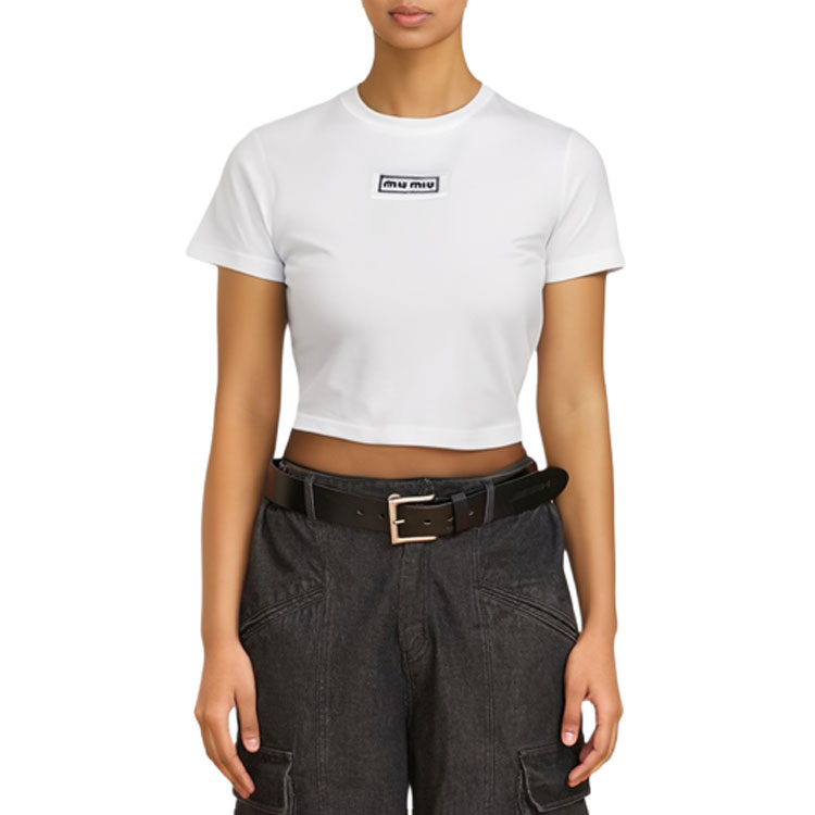 Shop (W) ミュウミュウ ホワイト スリムフィット クルーネック 半袖Tシャツ SS23 カジュアル MJN484-1YXU-F0009
