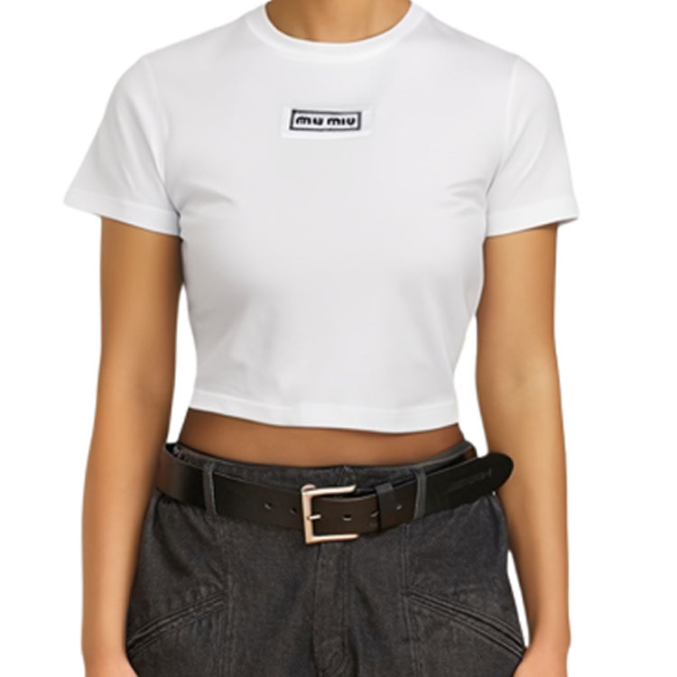 Purchase (W) ミュウミュウ ホワイト スリムフィット クルーネック 半袖Tシャツ SS23 カジュアル MJN484-1YXU-F0009