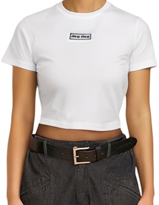 (W) ミュウミュウ ホワイト スリムフィット クルーネック 半袖Tシャツ SS23 カジュアル MJN484-1YXU-F0009 Purchase (W) ミュウミュウ ホワイト スリムフィット クルーネック 半袖Tシャツ SS23 カジュアル MJN484-1YXU-F0009