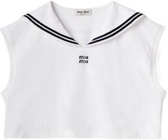 (Women) MIU MIU White V-Neck Sleeveless Crop T-Shirt SS24. MJT689-14EM-F0009-S-OOO (Women) MIU MIU White V-Neck Sleeveless Crop T-Shirt SS24. MJT689-14EM-F0009-S-OOO