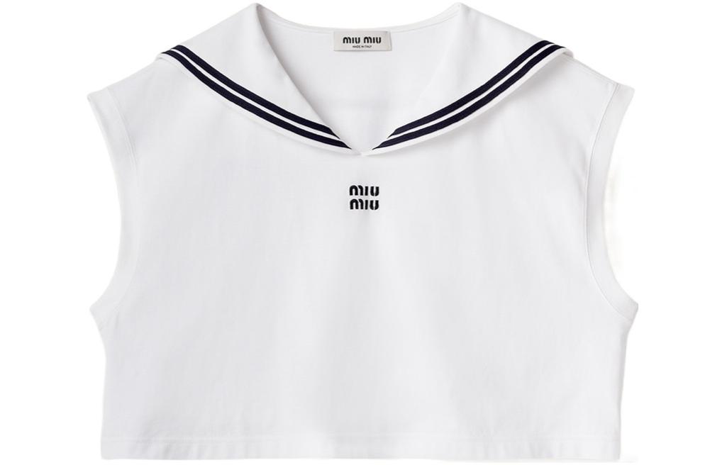 Order (W) MIU MIU 白色V領無袖短版T恤 SS24 MJT689-14EM-F0009-S-OOO