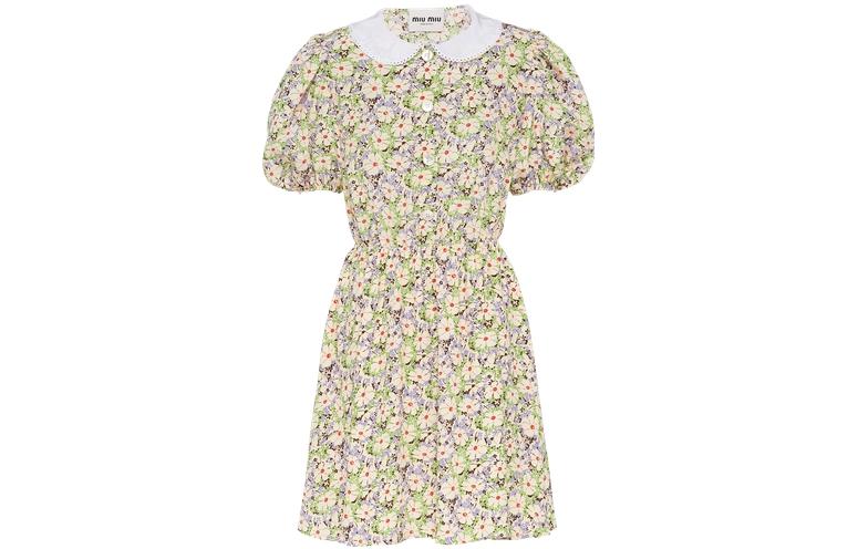 (Women) MIU MIU  Yellow FW22 Floral Print Crepe Short-Sleeve Dress. MF4615-11DY-F0J5L