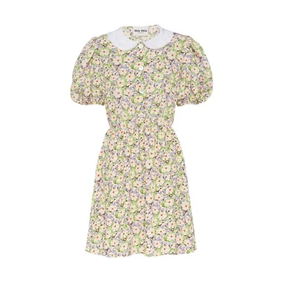 (Women) MIU MIU Yellow FW22 Floral Print Crepe Short-Sleeve Dress. MF4615-11DY-F0J5L