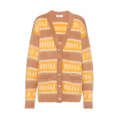 (Women) MIU MIU Yellow Logo Stripe Knit Sweater FW22. MMF656-11YG-F0040