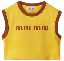 (Women) MIU MIU Yellow Sleeveless Crop Top with Contrast Logo Print. MJT685-115L-F0Q8L-S-OOO (Women) MIU MIU Yellow Sleeveless Crop Top with Contrast Logo Print. MJT685-115L-F0Q8L-S-OOO