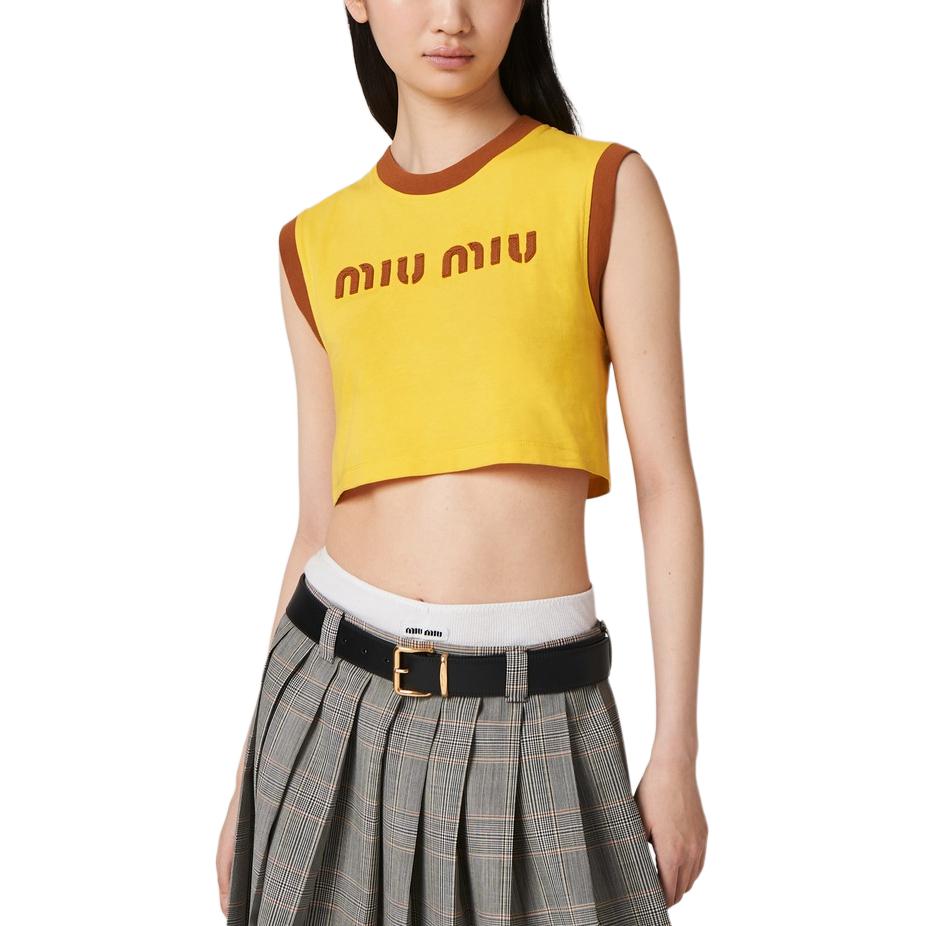 Purchase (W) MIU MIU Top Corto Sin Mangas Amarillo con Logo Contraste. MJT685-115L-F0Q8L-S-OOO