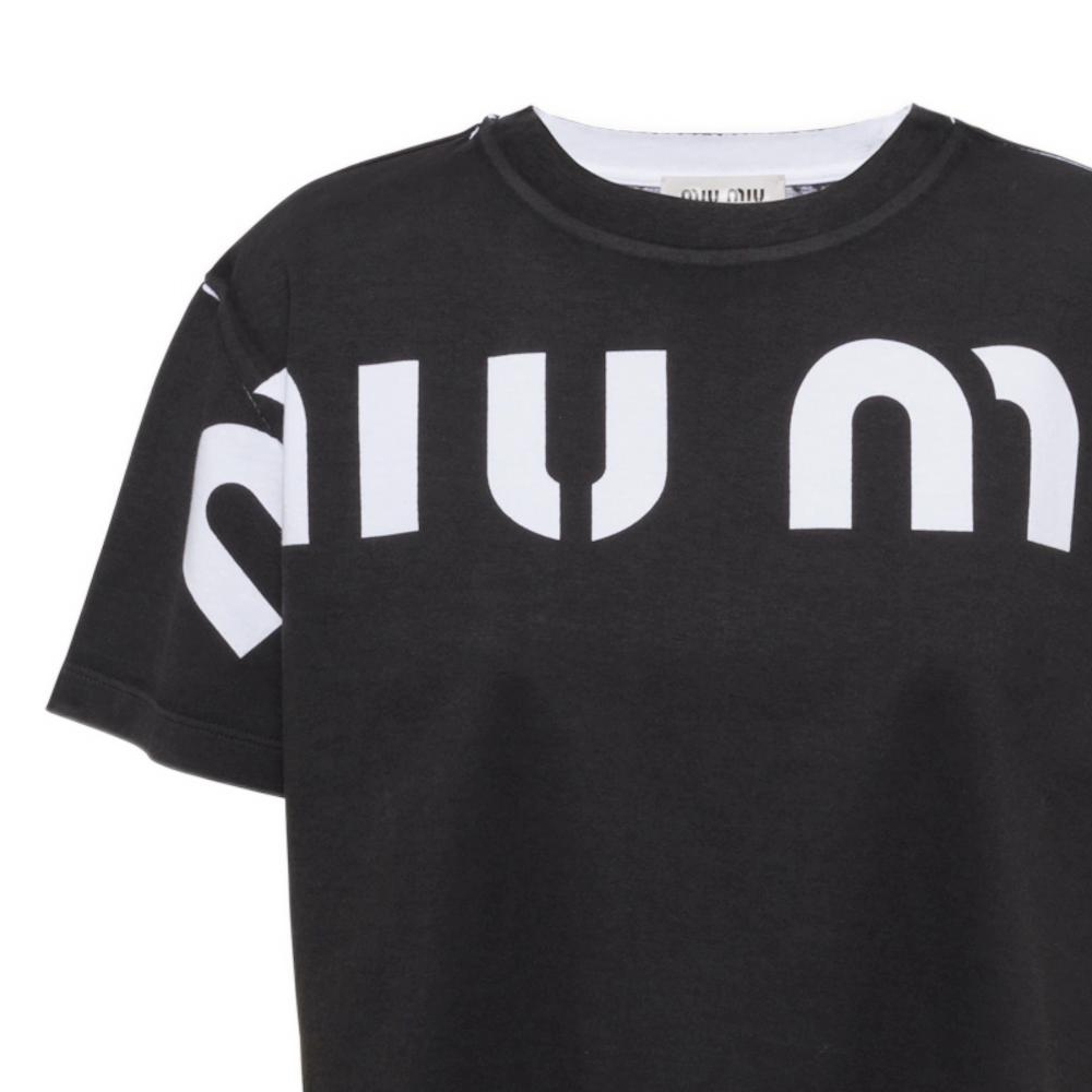 Details for (W) MIU MIU 字母印花黑色短袖圓領上衣 女款 SS23 MJN458-12YG-F0002