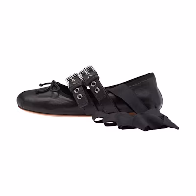 (W) MIU MIU Ballet Flats 'Black Leather Ribbon'