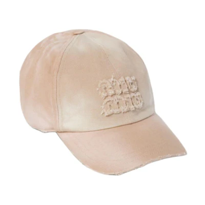 (Women) MIU MIU Beige Embroidered Logo Distressed Denim Cap. 5HC274_2CRZ_F0627