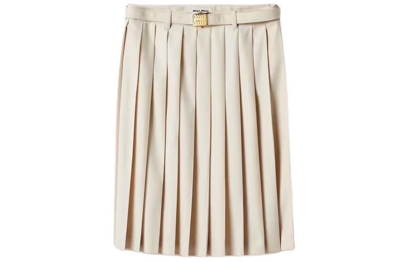 (Women) MIU MIU Beige Pleated Midi Skirt  Casual Solid White Skirt. MG2031-11AD-F0018-S-232