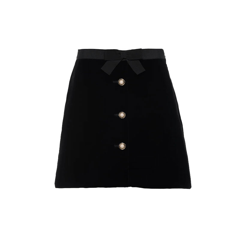 (Women) MIU MIU Black A-Line Skirt with Bow and Single Button Design. MG1636-068-F0002