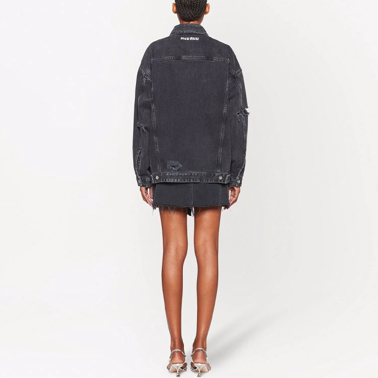 Shop (W) MIU MIU Jaket Denim Hitam Distressed GWB134-10KX-F0002