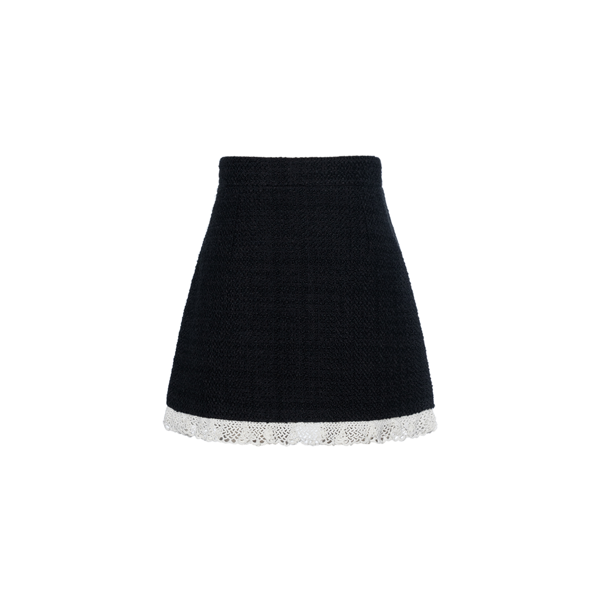 (Women) MIU MIU Black Lace-Trim Tweed A-Line Casual Mini Skirt MG163-7517-F0002