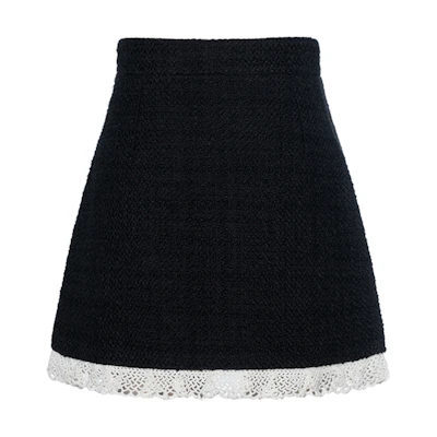(Women) MIU MIU Black Lace-Trim Tweed A-Line Casual Mini Skirt MG163-7517-F0002
