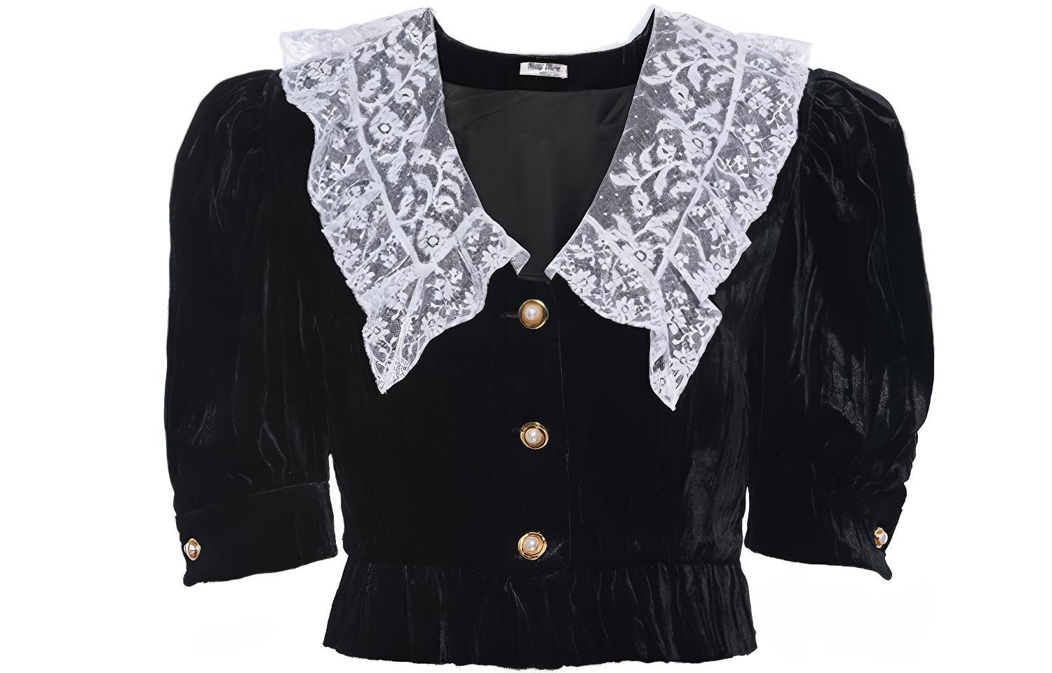(Women) MIU MIU Black Lace Collar Short-Sleeve Cropped Shirt MT1676-ZQU-F0002