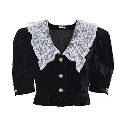 (Women) MIU MIU Black Lace Collar Short-Sleeve Cropped Shirt MT1676-ZQU-F0002