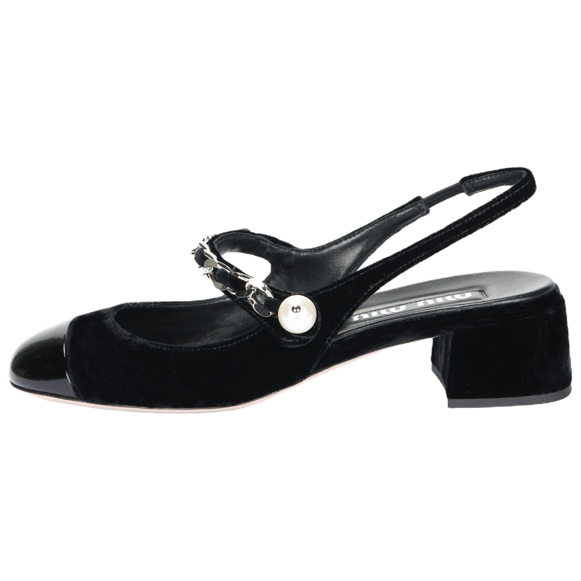 (Women) Miu Miu Black Leather Chunky Heel Slingback Pumps 5I045E_3LQC_F0002