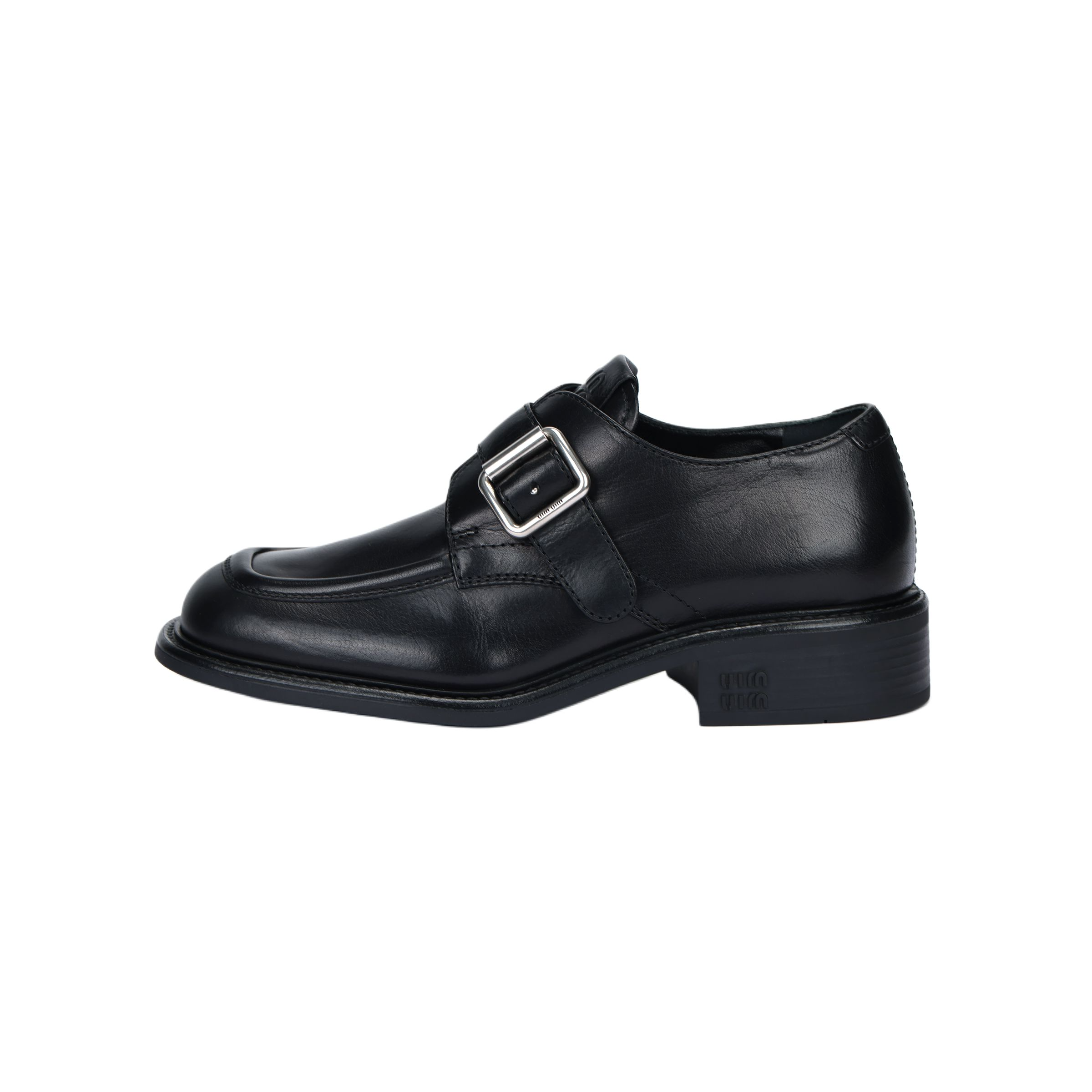 (Women) MIU MIU Black Leather Square-Toe Buckle Dress Shoes 5E320E_007_F0002_F_G030