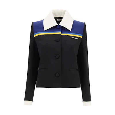 (Women) MIU MIU Black Logo Patch Collared Tailored Jacket. MH1670-1YX6-F098P