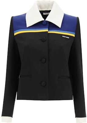 (W) 미우미우 블랙 로고 패치 칼라 테일러드 자켓. MH1670-1YX6-F098P Order (W) 미우미우 블랙 로고 패치 칼라 테일러드 자켓. MH1670-1YX6-F098P