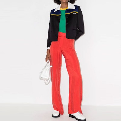 (W) 미우미우 블랙 로고 패치 칼라 테일러드 자켓. MH1670-1YX6-F098P Purchase (W) 미우미우 블랙 로고 패치 칼라 테일러드 자켓. MH1670-1YX6-F098P