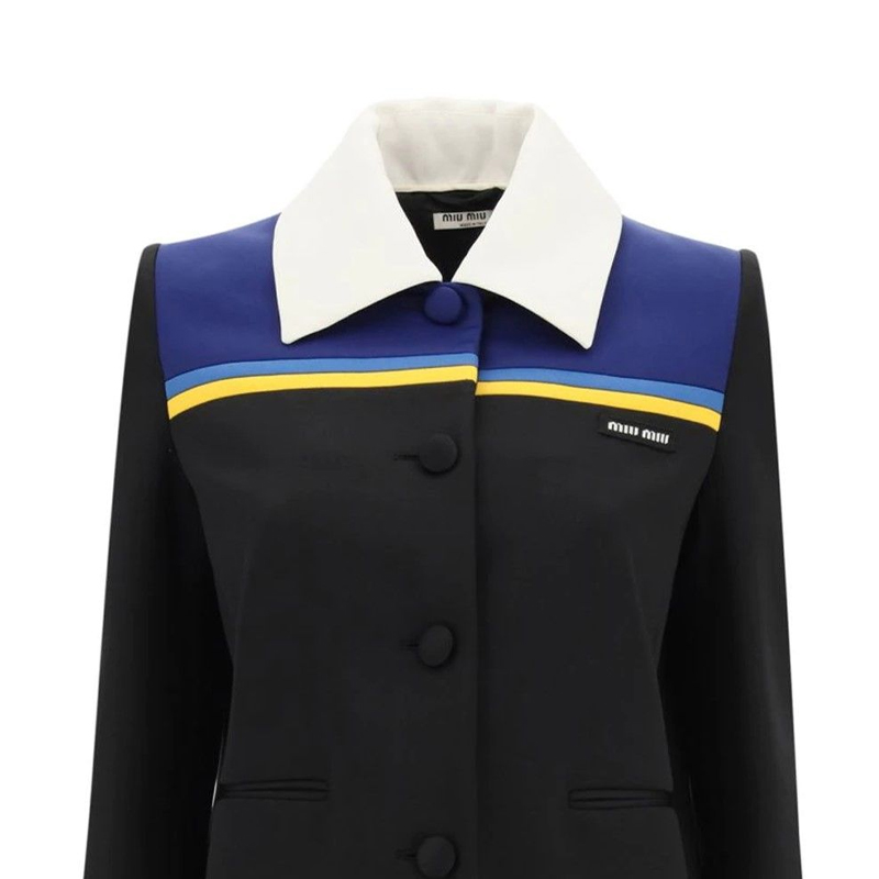 Details for (W) 미우미우 블랙 로고 패치 칼라 테일러드 자켓. MH1670-1YX6-F098P