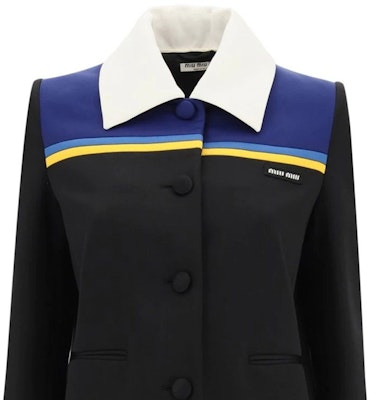 (W) 미우미우 블랙 로고 패치 칼라 테일러드 자켓. MH1670-1YX6-F098P Details for (W) 미우미우 블랙 로고 패치 칼라 테일러드 자켓. MH1670-1YX6-F098P