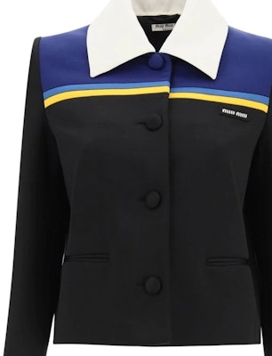 (W) 미우미우 블랙 로고 패치 칼라 테일러드 자켓. MH1670-1YX6-F098P Sizing (W) 미우미우 블랙 로고 패치 칼라 테일러드 자켓. MH1670-1YX6-F098P