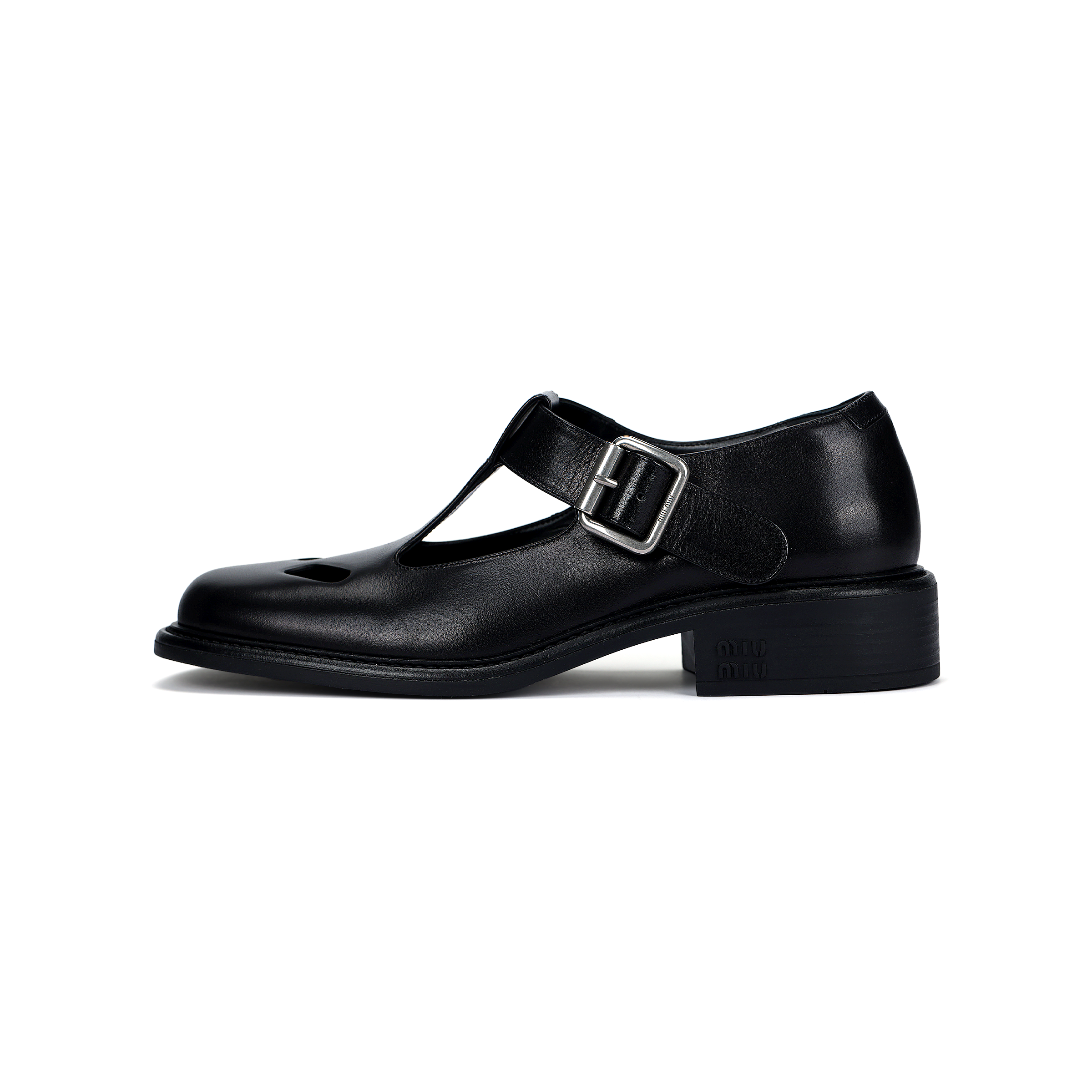 (Women) MIU MIU Black Mary Jane Leather Shoes with Metal Detail and Block Heel 5E318E_007_F0002_F_G030