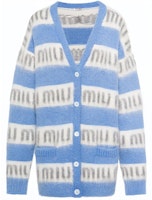 (Women) MIU MIU Blue Striped Logo Button-Up Knit Cardigan Long Sleeve MMF518-1ZAP-F0637 (Women) MIU MIU Blue Striped Logo Button-Up Knit Cardigan Long Sleeve MMF518-1ZAP-F0637