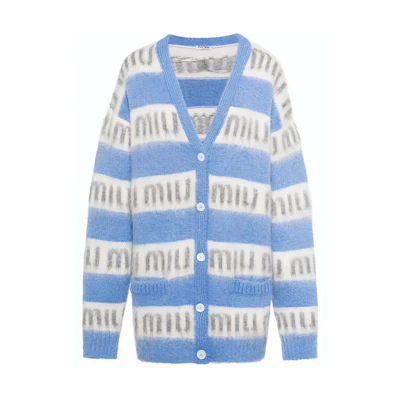 (Women) MIU MIU Blue Striped Logo Button-Up Knit Cardigan Long Sleeve MMF518-1ZAP-F0637